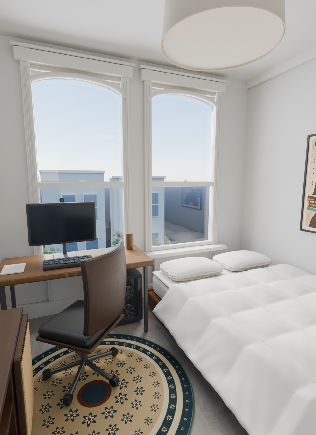 Daylight view toward the windows with desk, chair, rug and futon