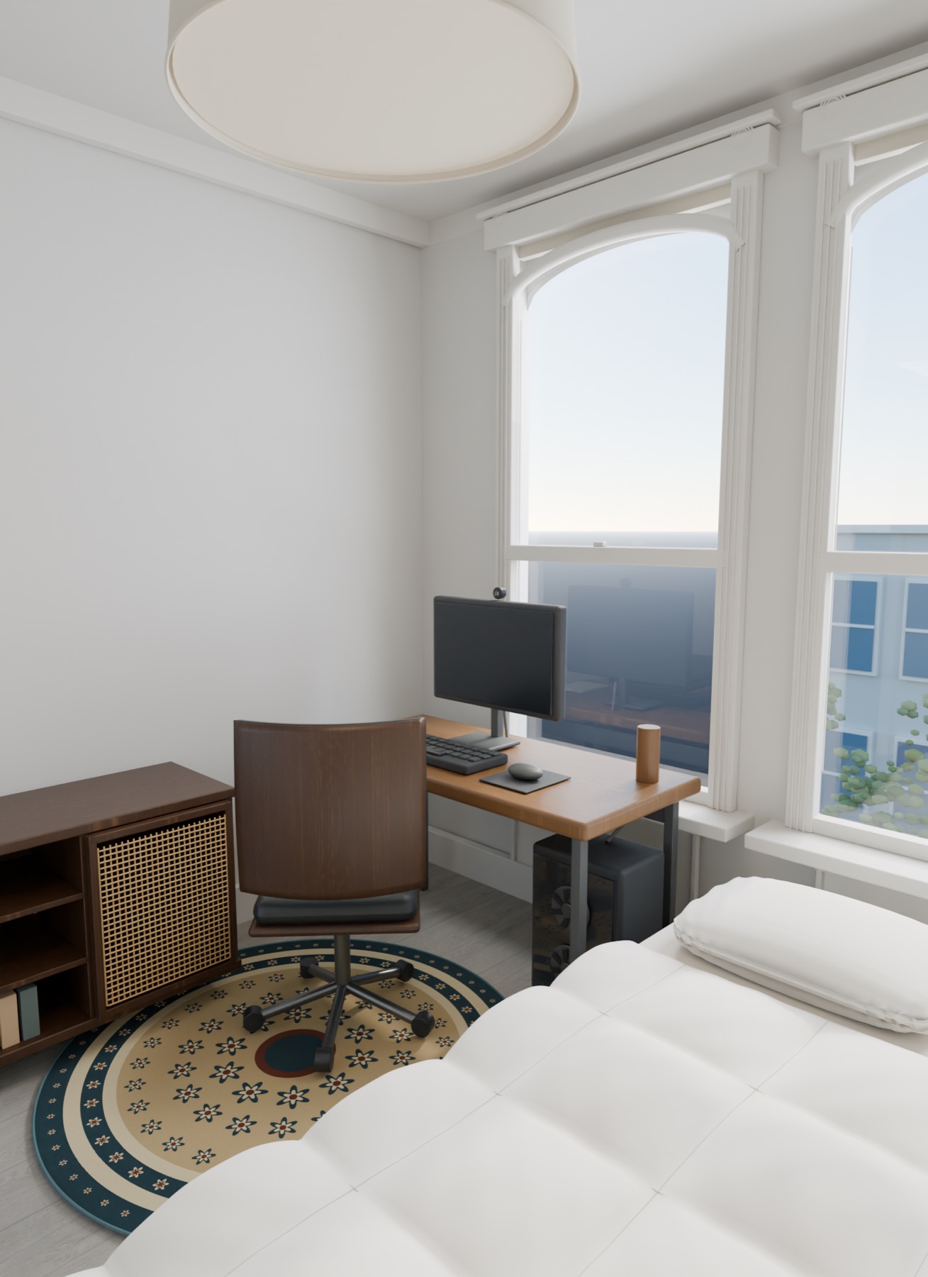 View across the futon toward the workspace