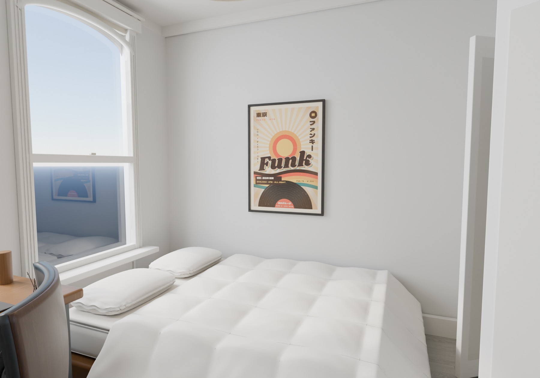 Framed Japanese funk poster on the wall beside the futon